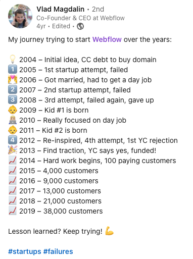 A screenshot from Vlad Magdalin's LinkedIn describing Webflow's timeline from 2004 to 2019