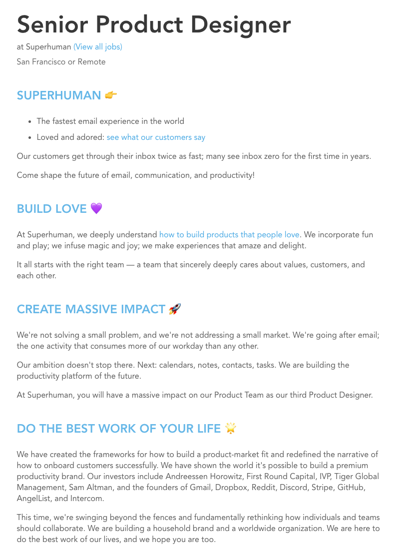 Senior Product Designer job description, Superhuman